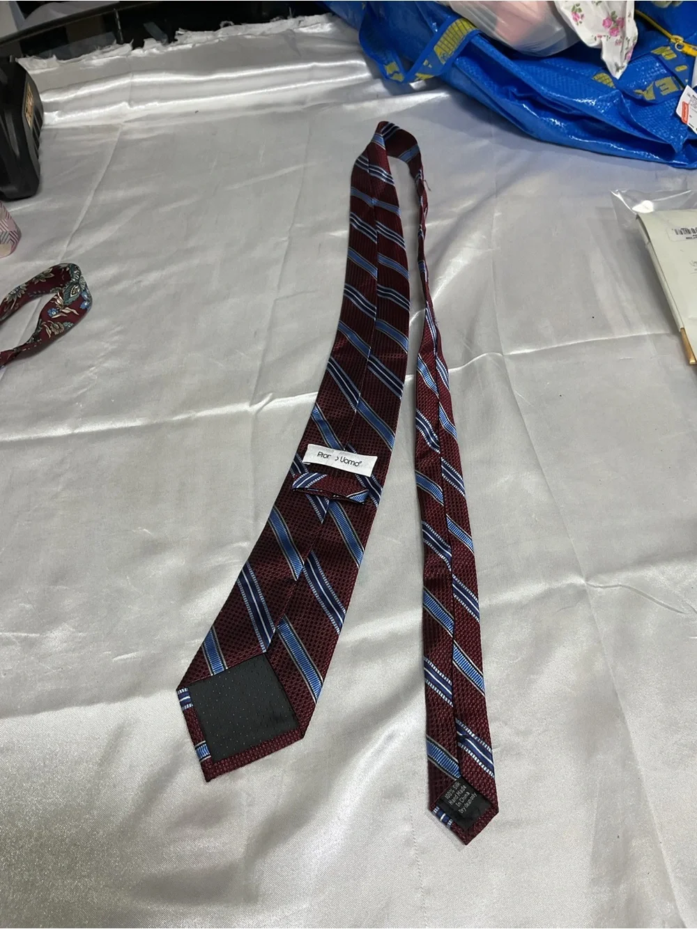 Pronto Uomo Burgundy Tie with Blue and White Stripes